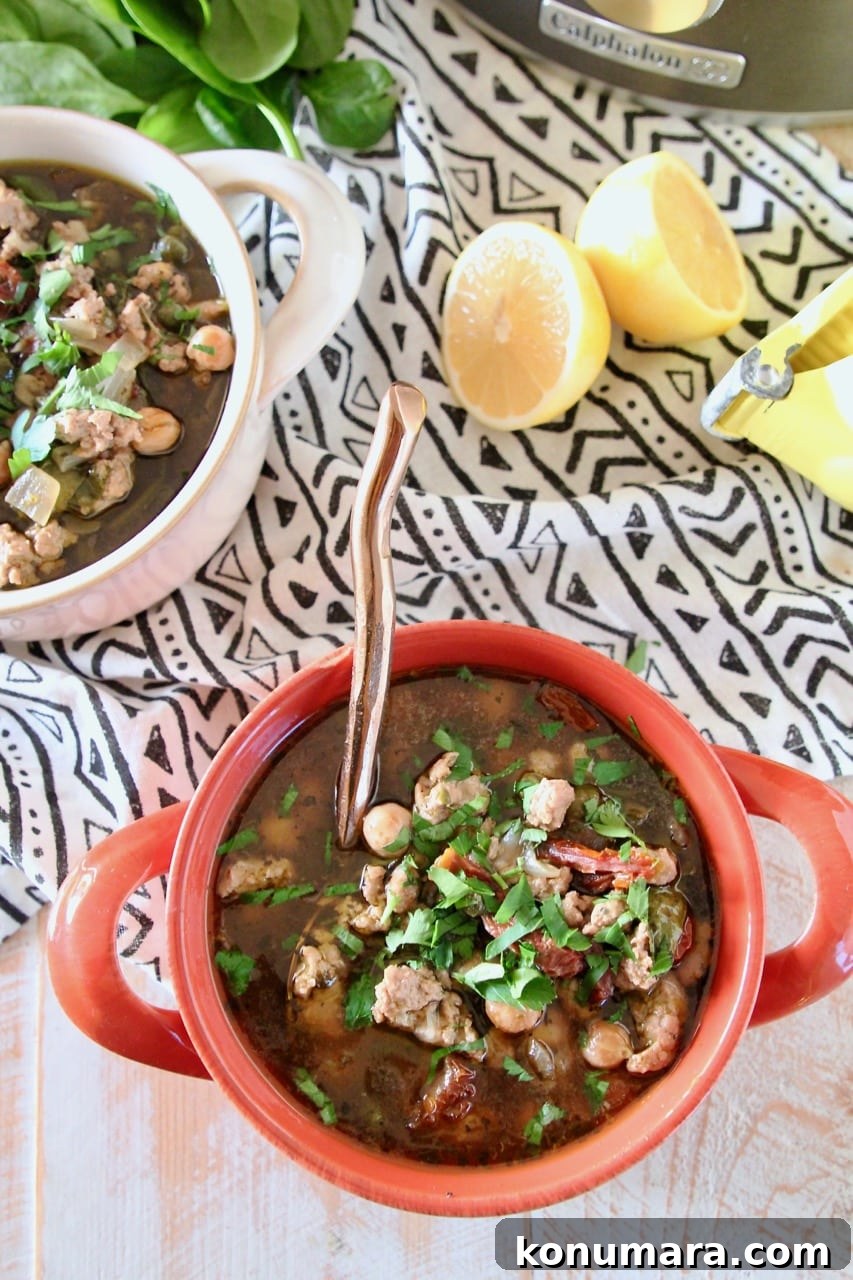 Greek Turkey Lemon Soup with Orzo 5 Bowls of Greek turkey soup with chickpeas and lemon wedges