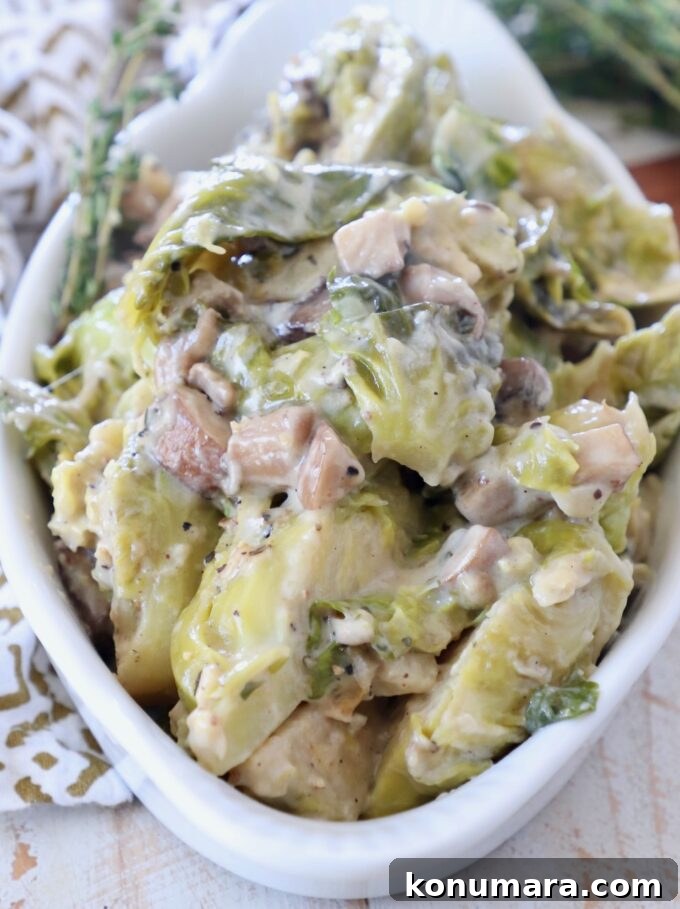 cooked brussels sprouts in serving bowl with creamy mushroom sauce