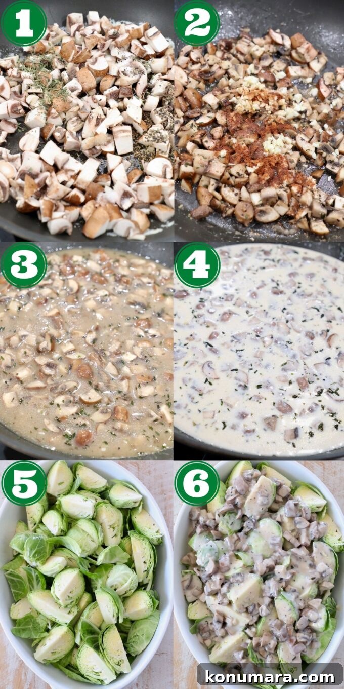 collage of images showing how to make brussels sprouts casserole