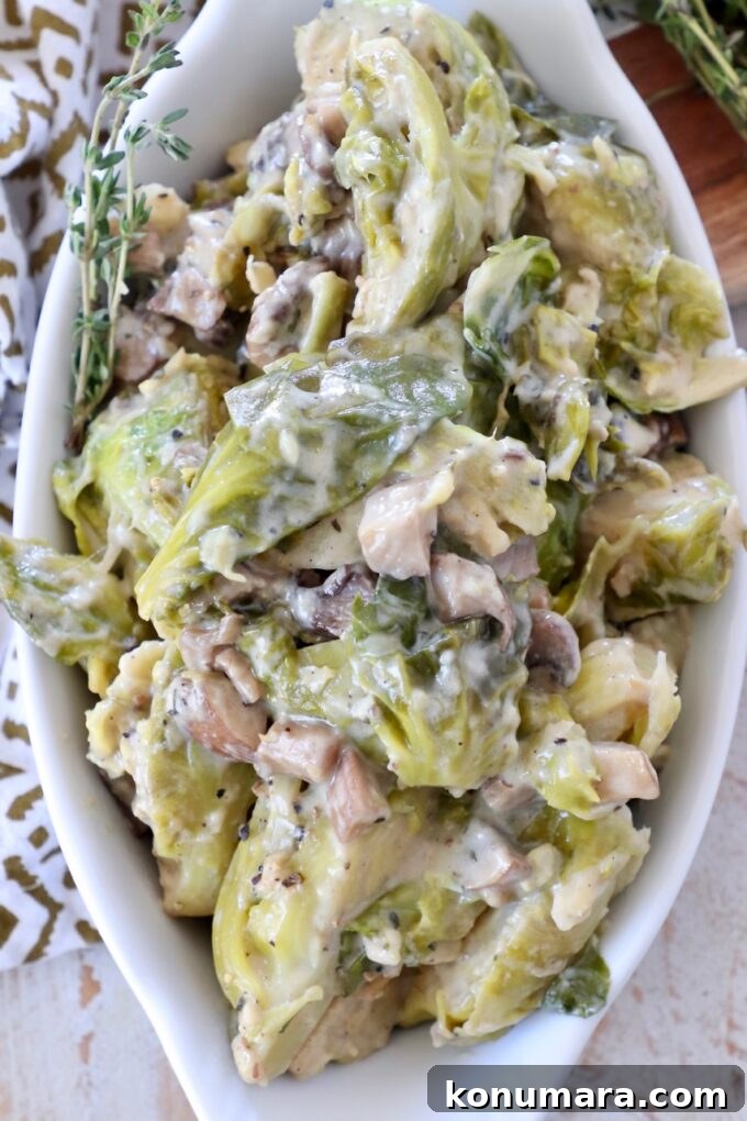 mushroom brussel sprout casserole in white baking dish with fresh thyme