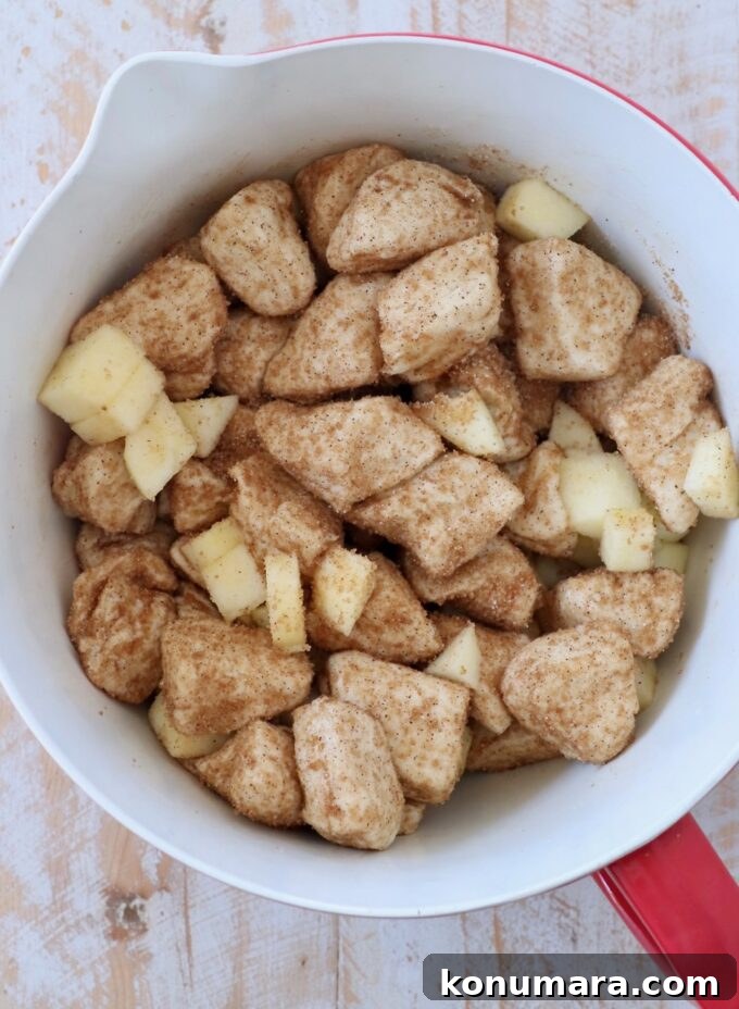 diced apples and coated biscuit pieces