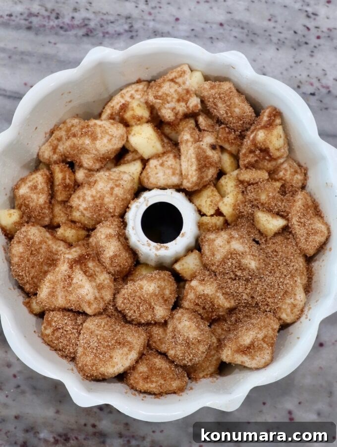coated biscuit pieces in bundt pan