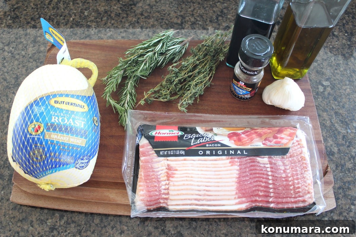 Crispy Bacon-Wrapped Turkey Breast Recipe 3 Bacon Wrapped Turkey Breast Ingredients on wood cutting board