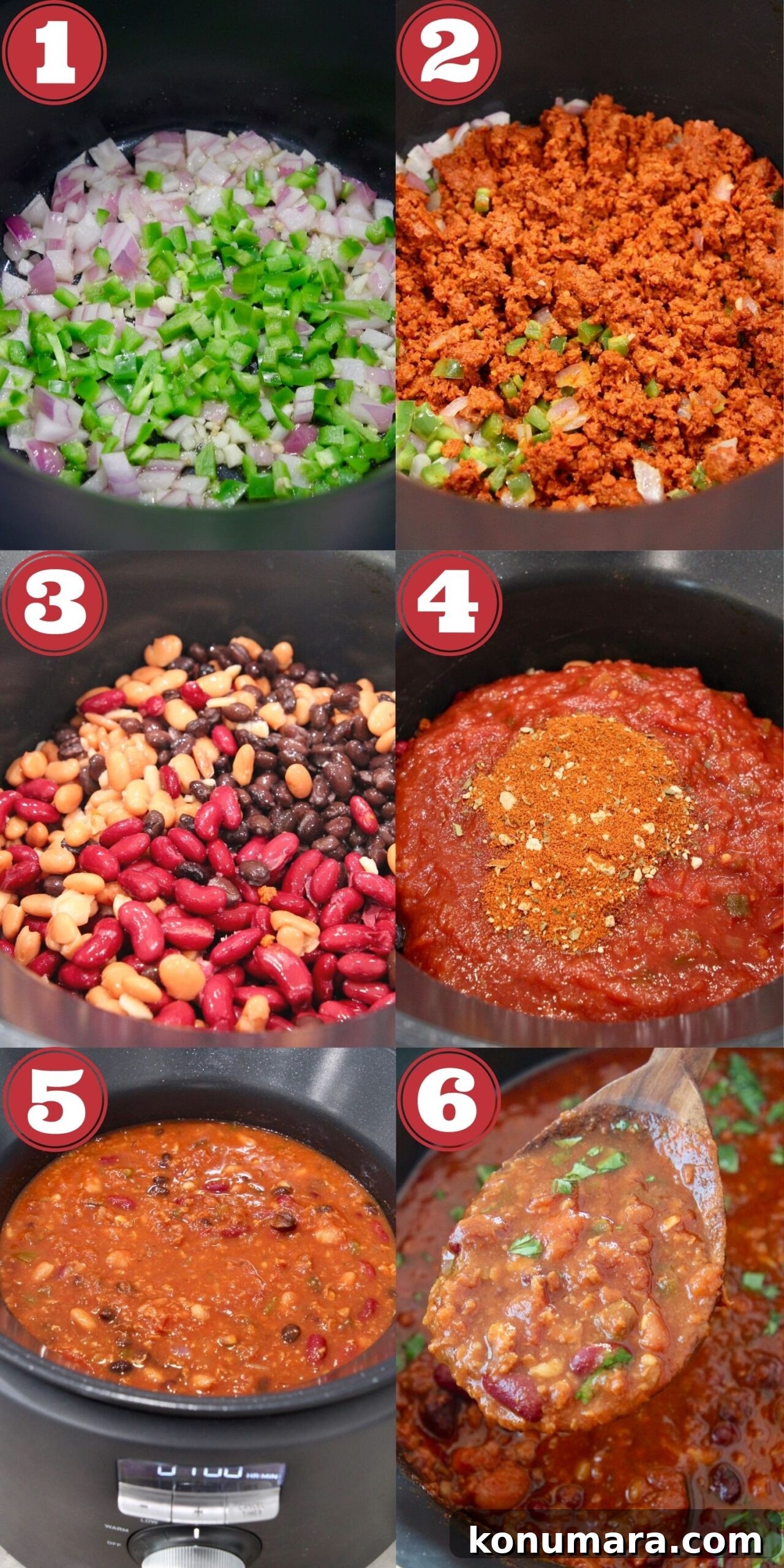 Hearty Slow Cooker Vegan Chili Recipe 4 collage of images showing how to make vegan chili