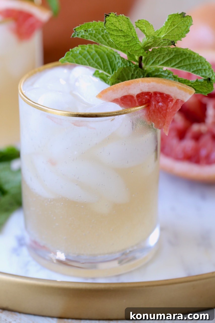 Grapefruit and Ginger Spiced Rum Punch Recipe 5 Grapefruit Ginger Rum Punch in glass with grapefruit slice on side and fresh mint in glass with ice