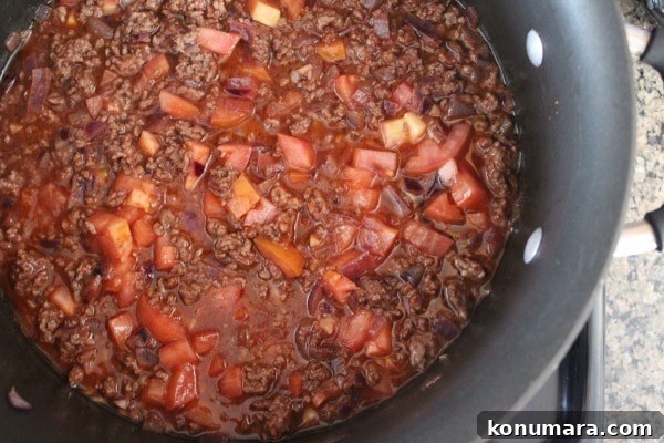 One-Pot Beef and Macaroni Recipe 5 cooked ground beef and diced tomatoes in a pot on the stove