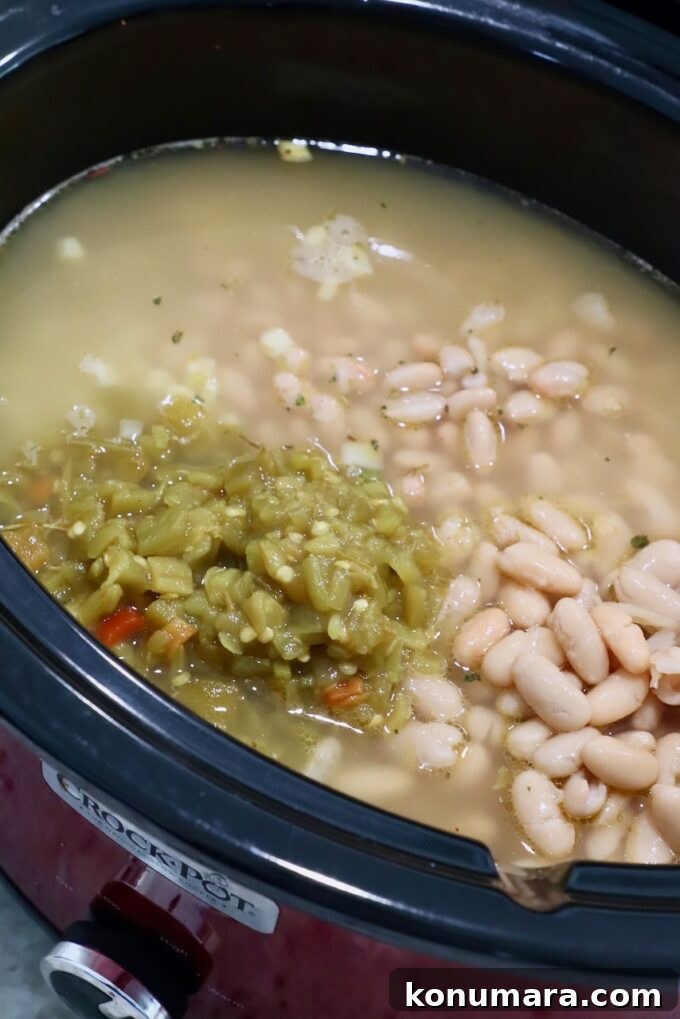 green chilies and beans in crock pot with chicken broth