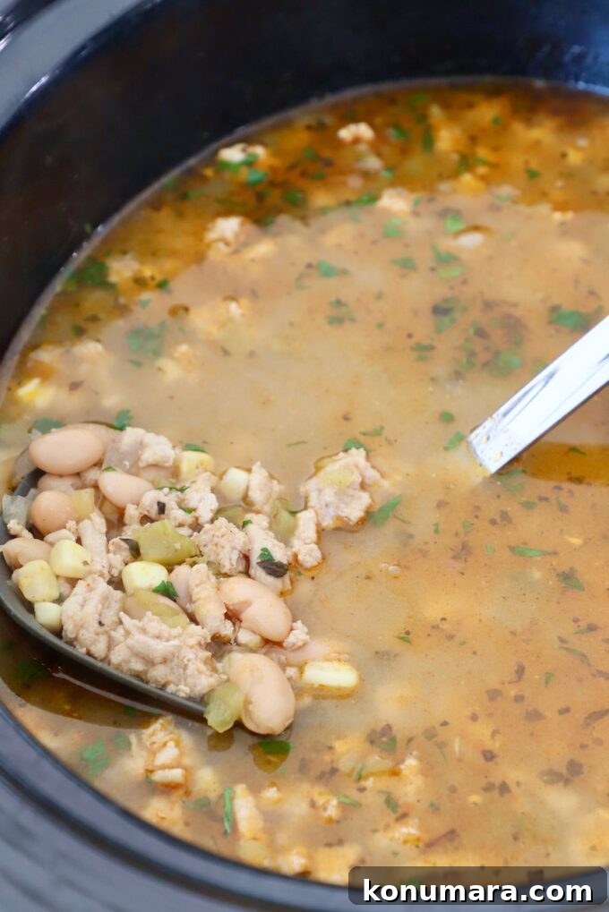 cooked white chicken chili in crock pot with ladle