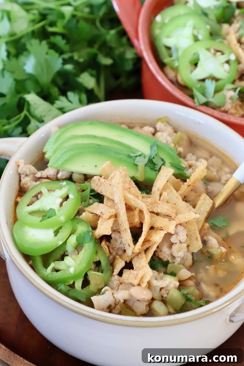 white chicken chili in bowl topped with sliced jalapeno, avocado and tortilla strips