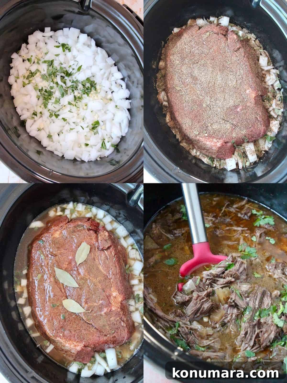Authentic Slow-Cooked Beef Barbacoa Recipe 4 collage of images showing how to make shredded beef barbacoa