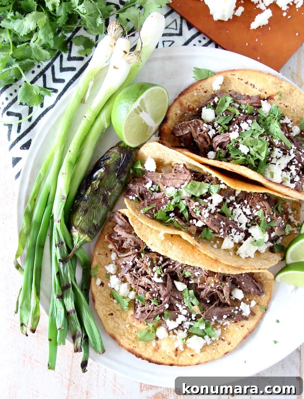 Authentic Slow-Cooked Beef Barbacoa Recipe 5 Slow Cooker Shredded Beef Barbacoa Tacos in Corn Tortillas with Grilled Green Onions, Jalapeno and Lime