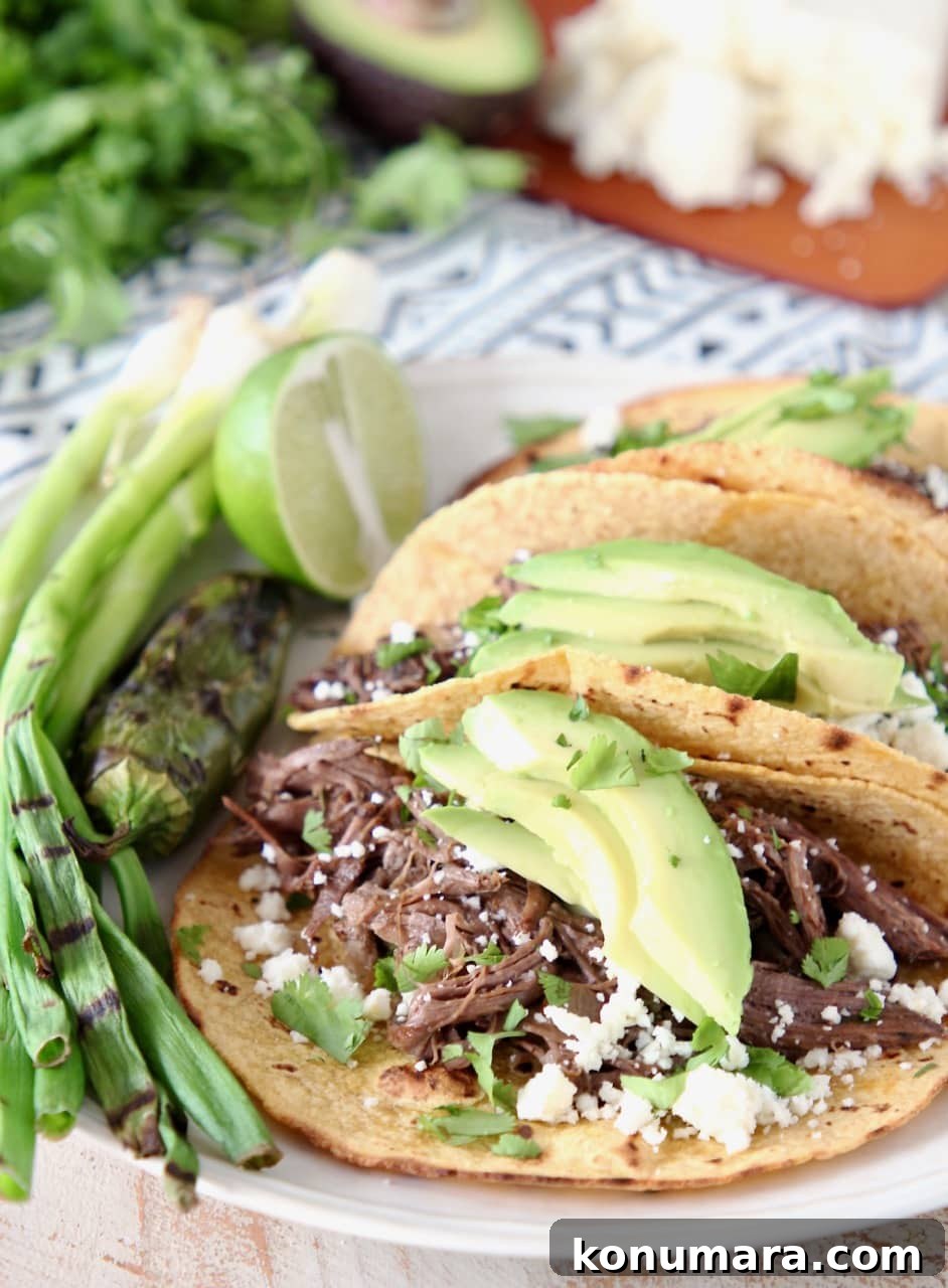 Authentic Slow-Cooked Beef Barbacoa Recipe 7 Slow Cooker Shredded Beef Barbacoa Tacos with Grilled Green Onions, Sliced Avocado, Cilantro and Cotija Cheese
