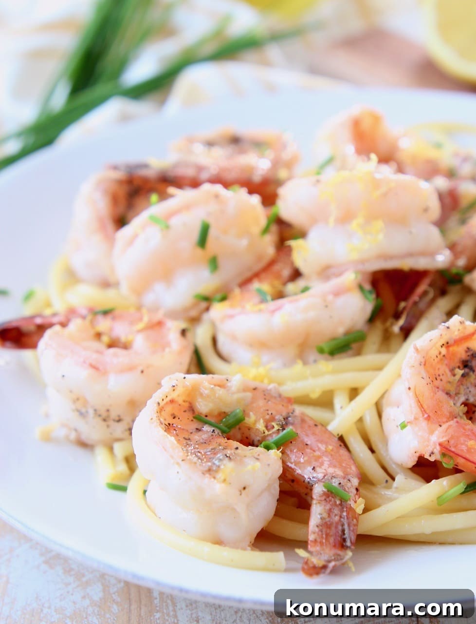 Lemon Garlic Butter Shrimp Scampi 2 Shrimp scampi on top of bucatini pasta on white plate