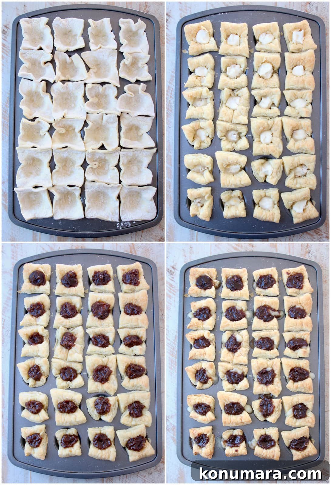 Instructional images for how to make baked brie puff pastry bites