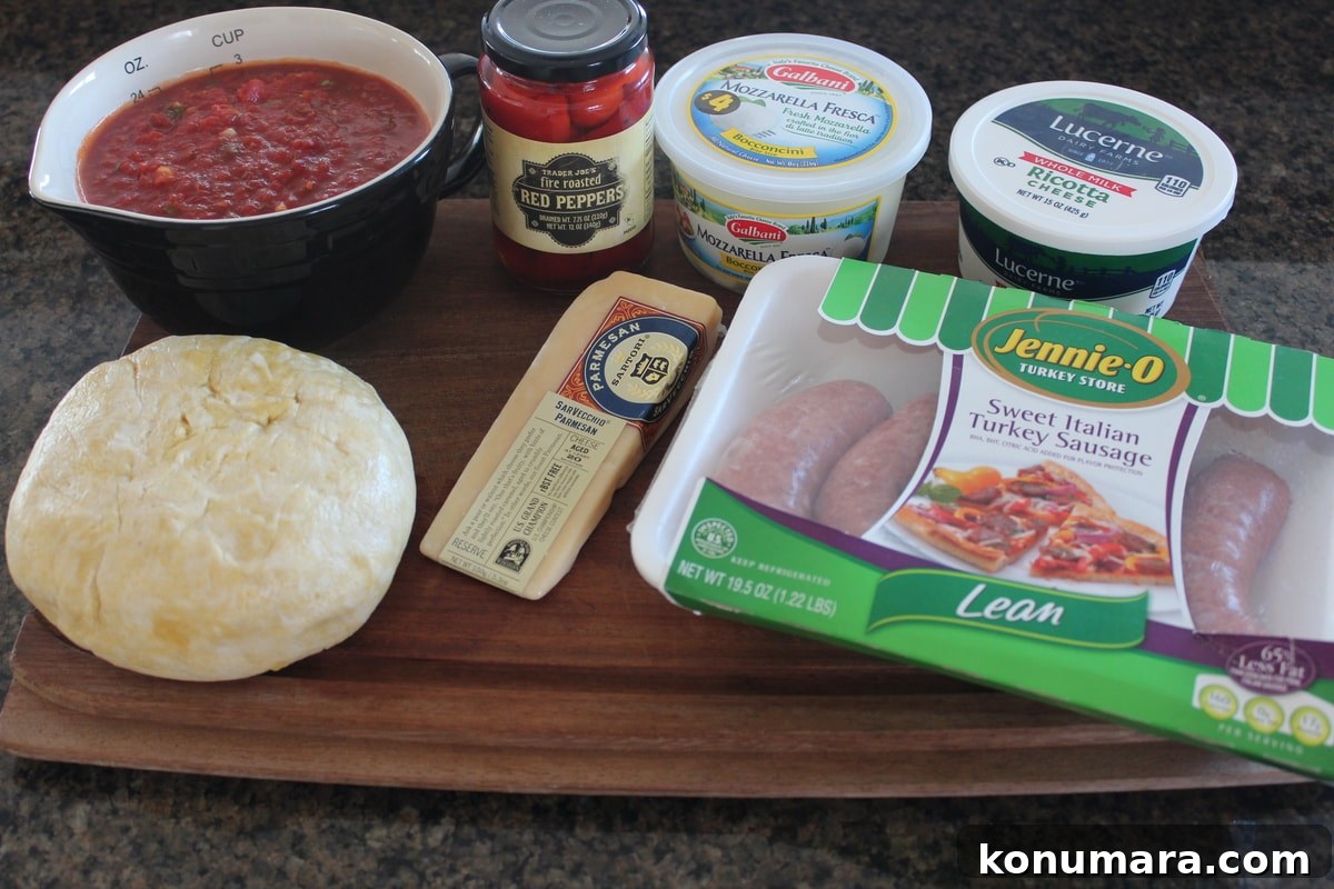 Heart-Shaped Pizza Recipe for Date Night 3 Deep Dish Heart Shaped Pizza Ingredients on a wooden cutting board.