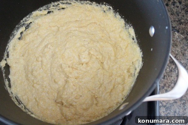 creamy prepared polenta in a large pot