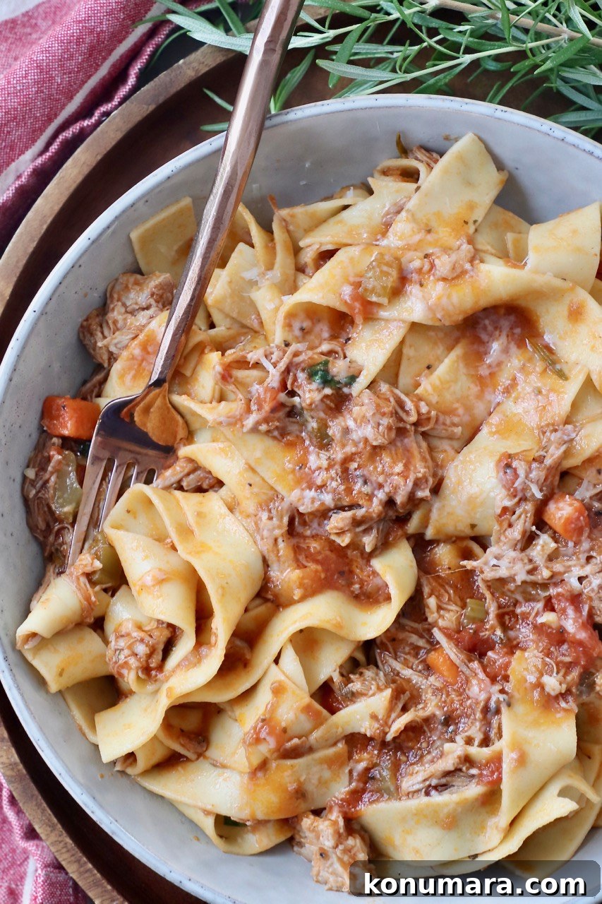 Authentic Slow Simmered Pork Ragu Recipe 2 pork ragu sauce tossed with pappardelle noodles in bowl with fork