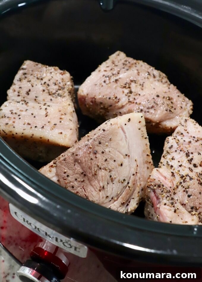 Authentic Slow Simmered Pork Ragu Recipe 5 seared pork shoulder pieces in Crock Pot