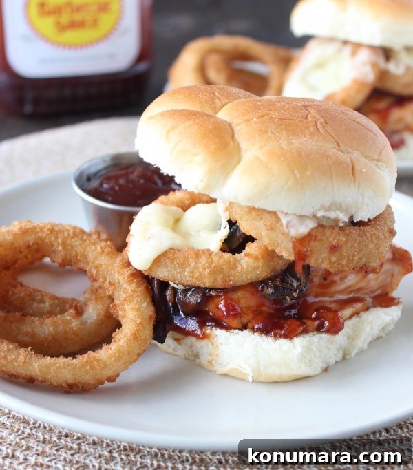 BBQ Chicken Sandwich with Cheddar, Mushrooms and Onion Rings 2 BBQ Mushroom Onion Ring Chicken Sandwich