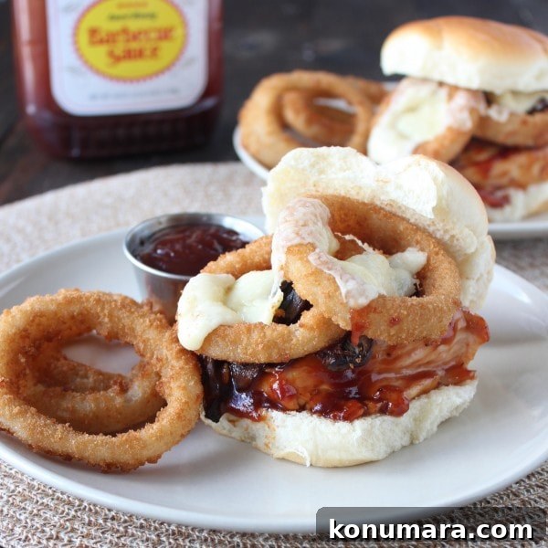 BBQ Chicken Sandwich with Cheddar, Mushrooms and Onion Rings 3 BBQ Chicken Sandwich with Onion Rings
