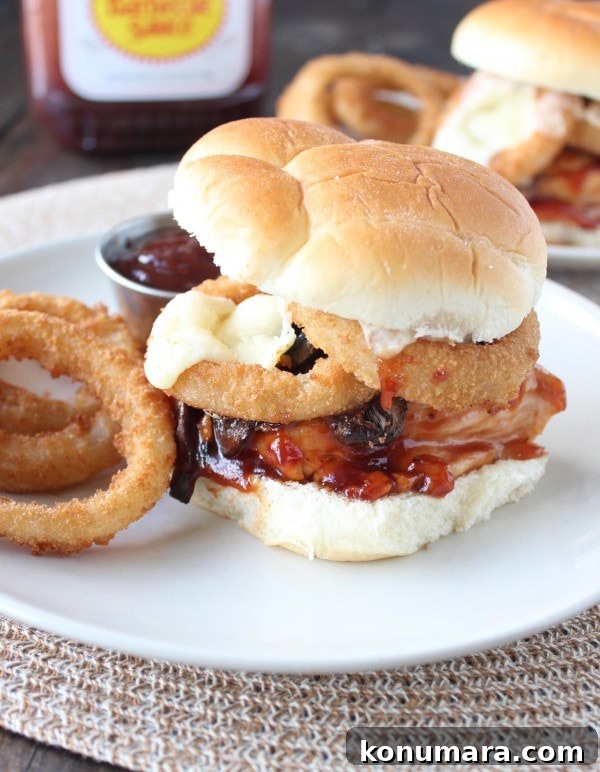 BBQ Chicken Sandwich with Cheddar, Mushrooms and Onion Rings 4 BBQ Mushroom Cheddar Chicken Sandwich