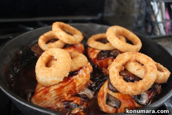 BBQ Chicken Sandwich with Cheddar, Mushrooms and Onion Rings 9 Onion Ring Mushroom BBQ Chicken Sandwich Recipe