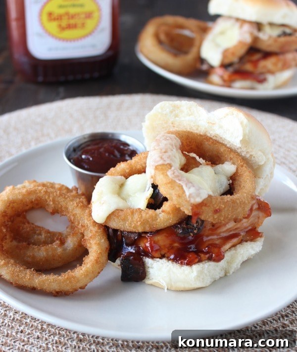 BBQ Chicken Sandwich with Cheddar, Mushrooms and Onion Rings 10 BBQ Mushroom Onion Ring Chicken Sandwich