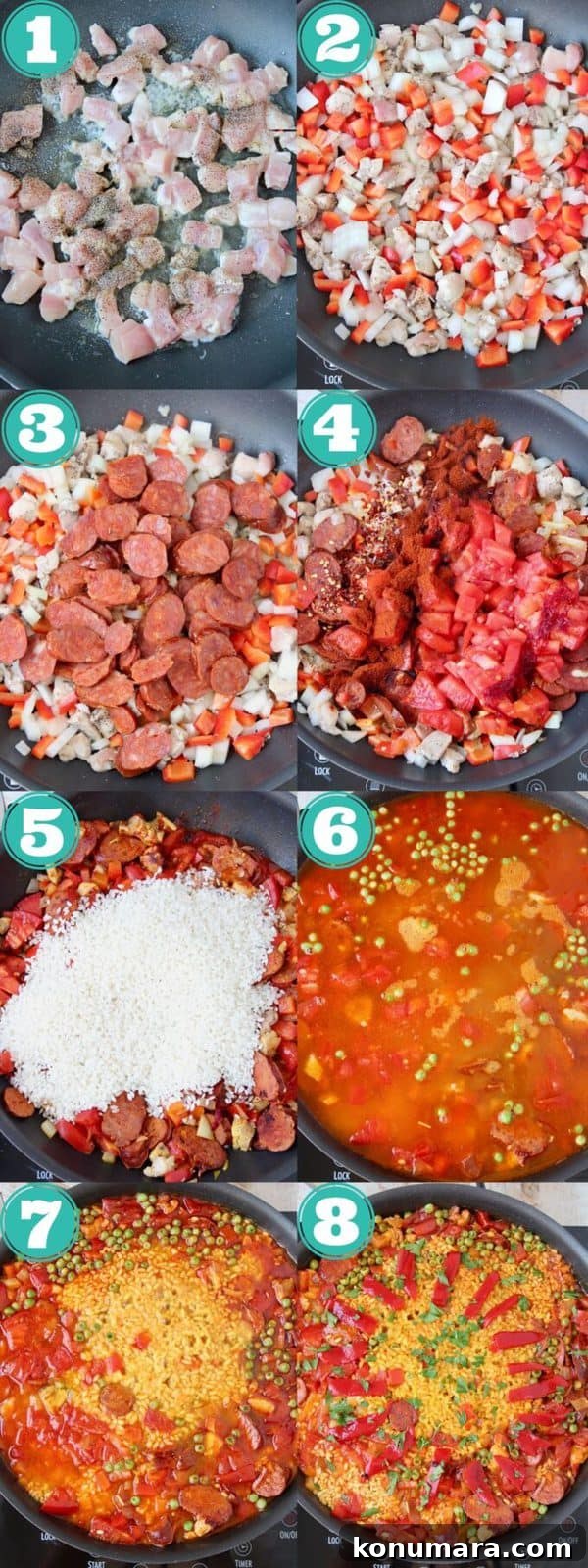 Authentic Spanish Chorizo and Chicken Paella Recipe 5 collage of images showing how to make spanish paella