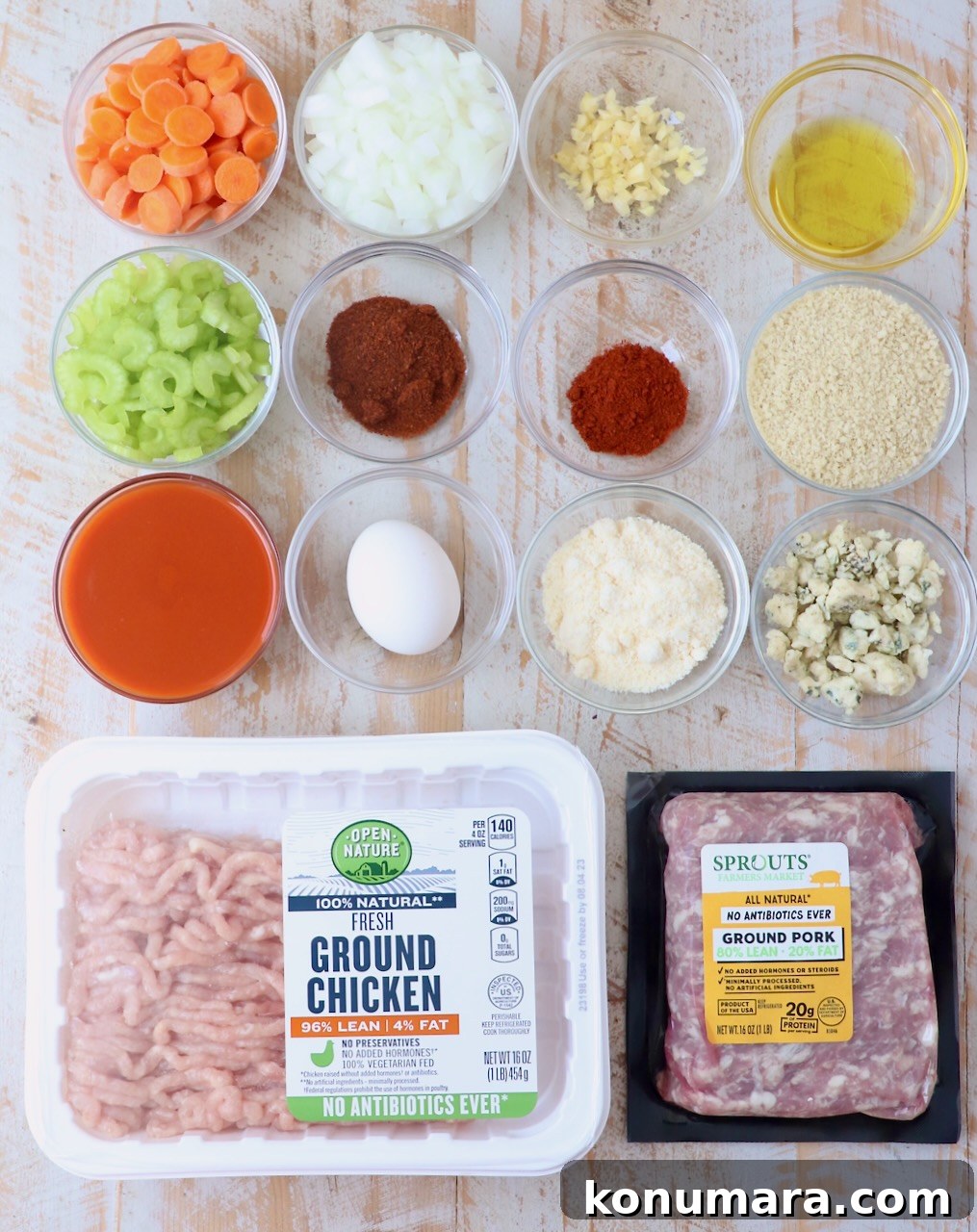Spicy Buffalo Chicken Meatloaf with Blue Cheese 3 ingredients for buffalo chicken meatloaf on white wood board