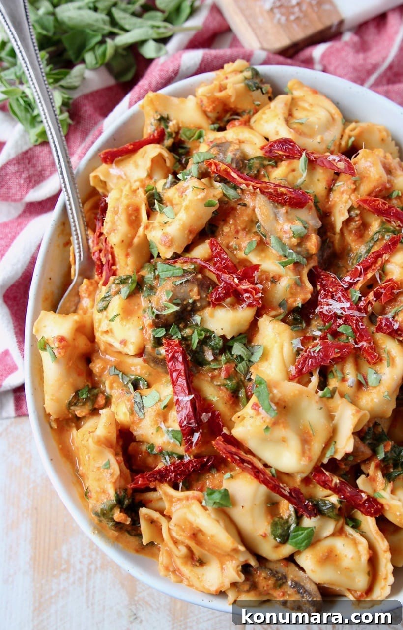 One Pot Vegetarian Pesto Tortellini Recipe 2 Pesto tortellini with sun dried tomatoes and fresh basil in bowl with spoon