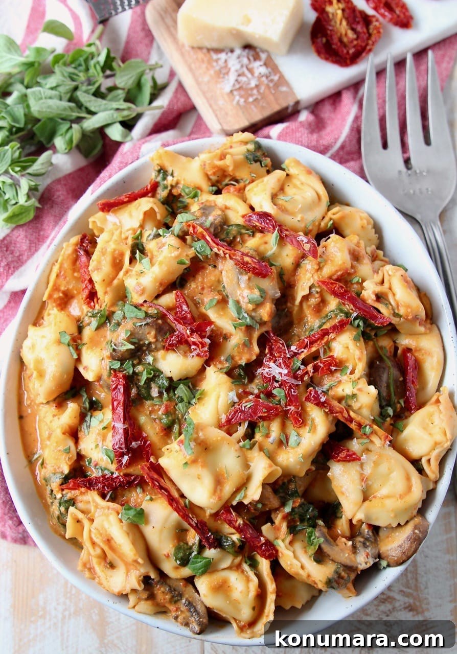 One Pot Vegetarian Pesto Tortellini Recipe 4 Tortellini in cheesy sun dried tomato pesto sauce in bowl topped with sun dried tomatoes with large fork on the side