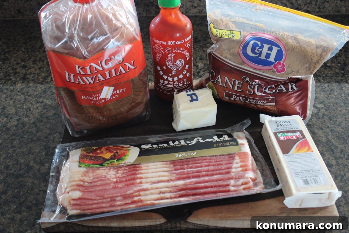 ingredients for candied bacon grilled cheese on a wood board