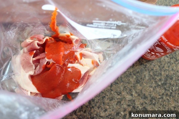 bacon in zipper bag with sriracha