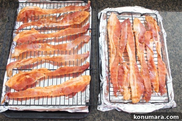 uncooked candied bacon on top of wire racks over foil-lined baking sheets