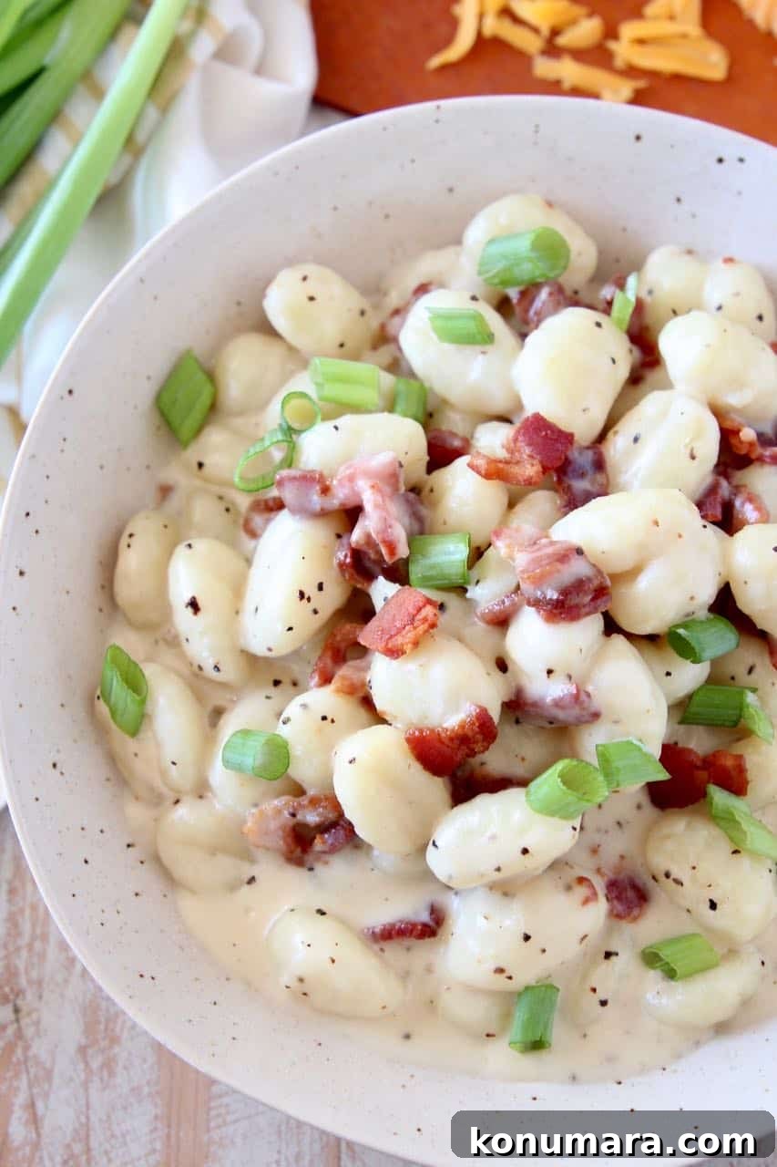 One-Pot Baked Potato Gnocchi Recipe 3 Overhead image of gnocchi in bowl with cream sauce and bacon bits