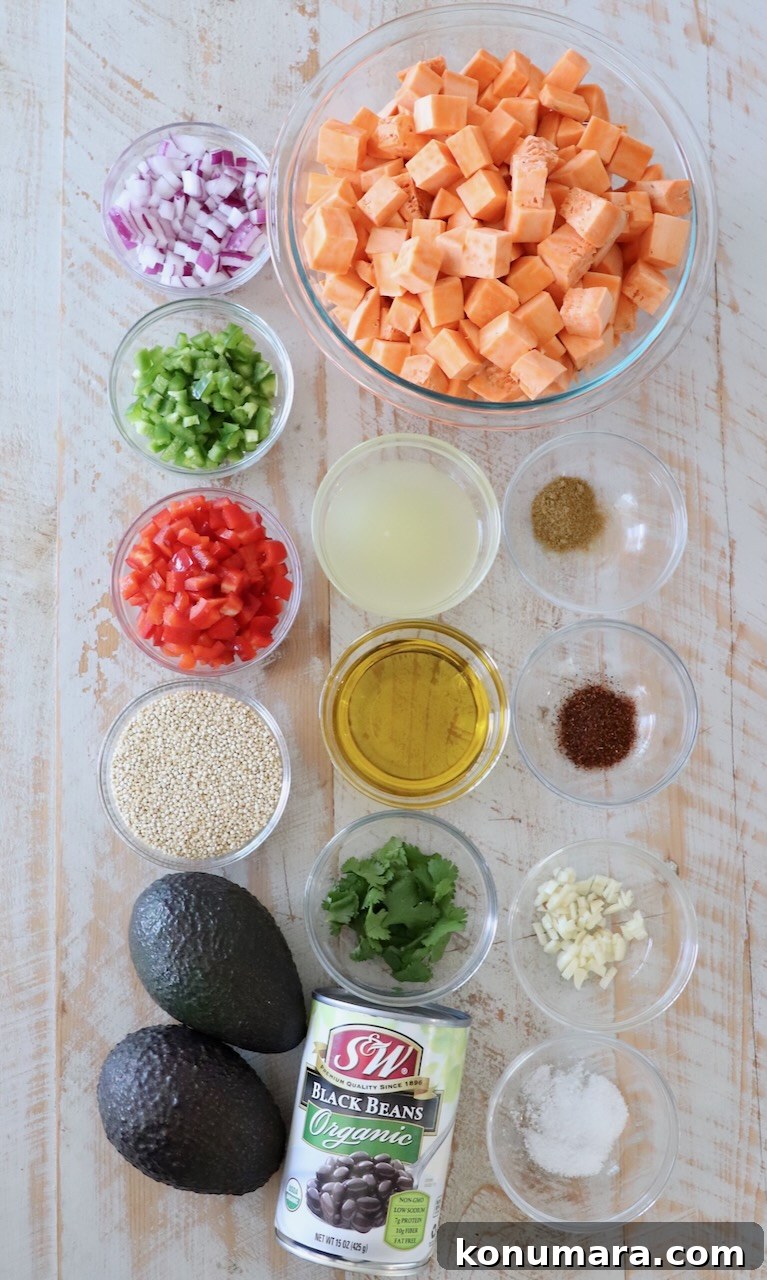 Mexican Sweet Potato Salad with Cilantro Lime Dressing 3 ingredients for Mexican sweet potato salad on white wood board