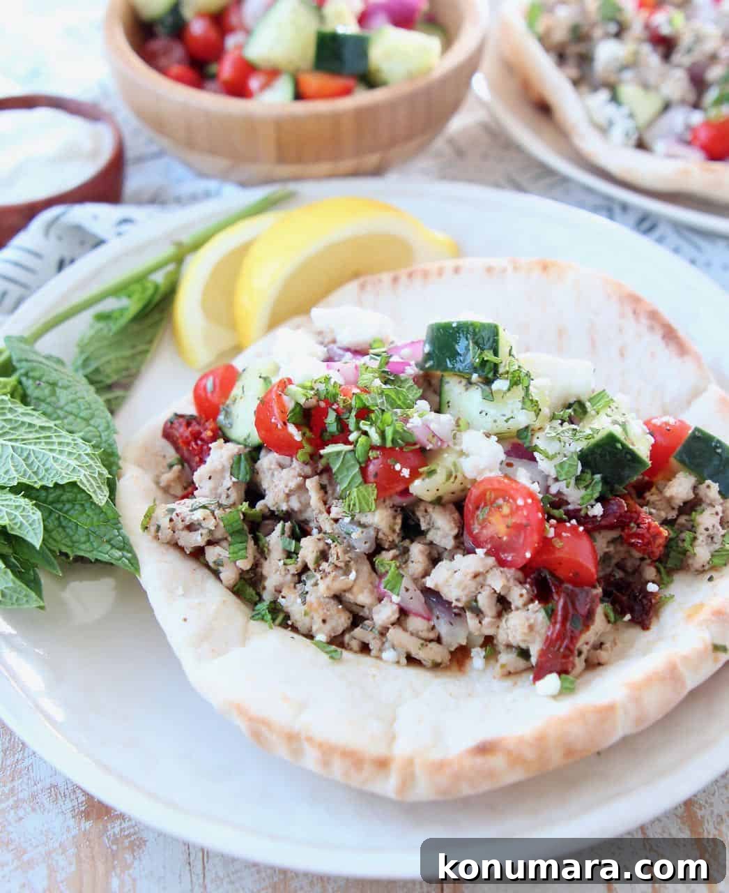 Savory Ground Turkey Gyros with Tzatziki and Pita 2 Gyro on plate with ground turkey meat and tomato cucumber salsa