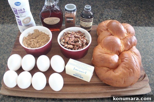 Salted Caramel Praline French Toast Recipe 3 Salted Caramel Praline French Toast Ingredients on a wooden cutting board.