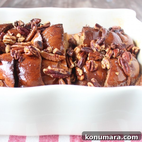 Salted Caramel Praline French Toast Recipe 9 Side view of salted Caramel Praline French Toast Casserole