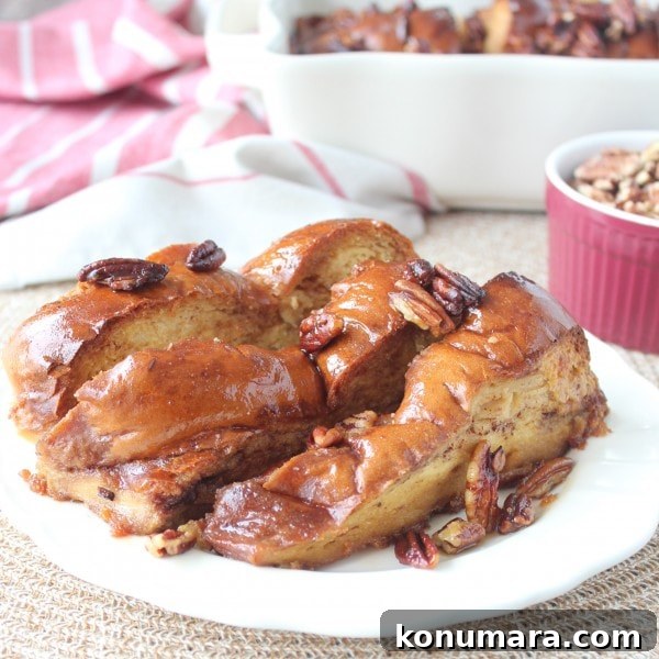 Salted Caramel Praline French Toast Recipe 10 Slices of Salted Caramel Praline French Toast on a white plate.