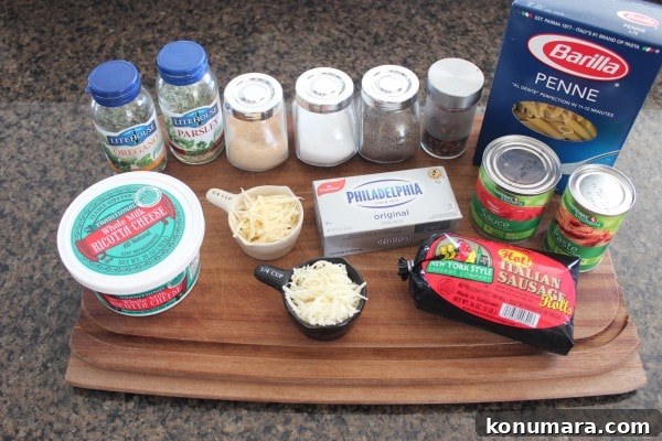 Penne with Italian Sausage in Four Cheese Tomato Sauce 5 Italian Sausage Penne & Four Cheese Tomato Sauce Ingredients