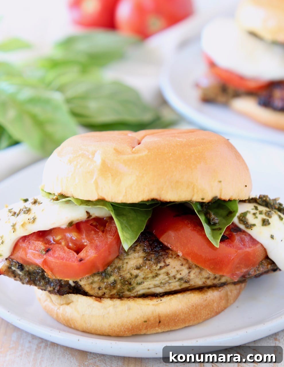 Grilled Chicken Caprese Sandwich with Fresh Mozzarella and Basil 3 Pesto grilled chicken sandwich with grilled tomatoes and mozzarella cheese