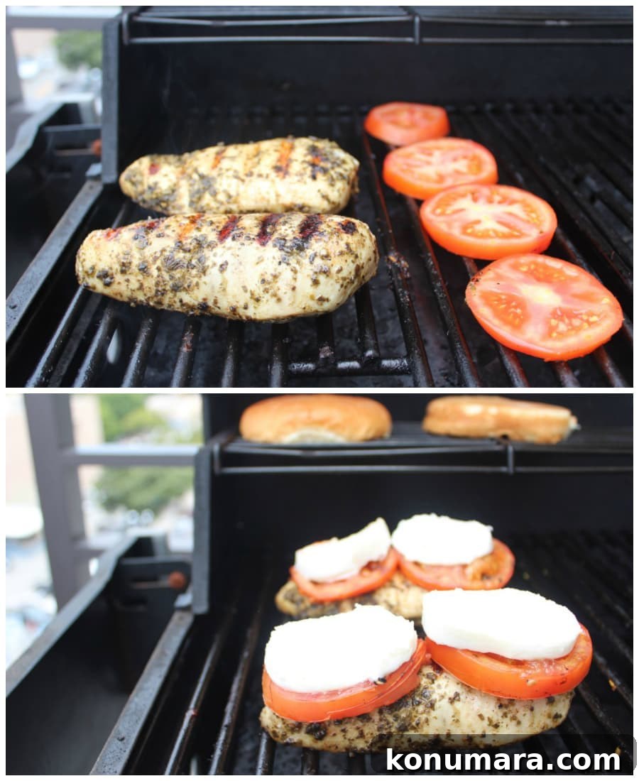 Grilled Chicken Caprese Sandwich with Fresh Mozzarella and Basil 4 Pesto chicken and tomatoes on the grill