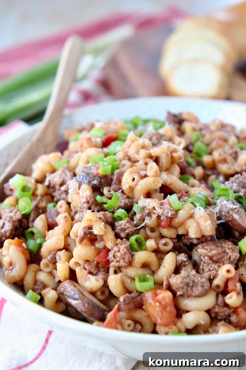 Ground lamb macaroni in white bowl