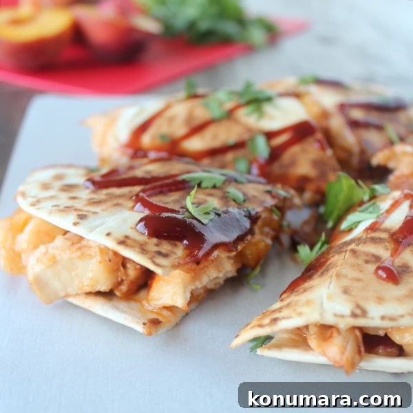 BBQ Chicken Quesadilla with Peach, Bacon and Cheddar 2 BBQ Chicken Peach Bacon Cheddar Quesadilla Recipe