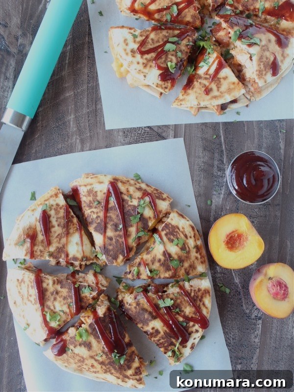 BBQ Chicken Quesadilla with Peach, Bacon and Cheddar 9 Grilled Peach BBQ Chicken Cheddar Quesadilla Recipe