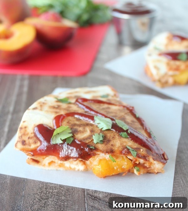 BBQ Chicken Quesadilla with Peach, Bacon and Cheddar 3 Grilled Peach BBQ Chicken Quesadilla Recipe