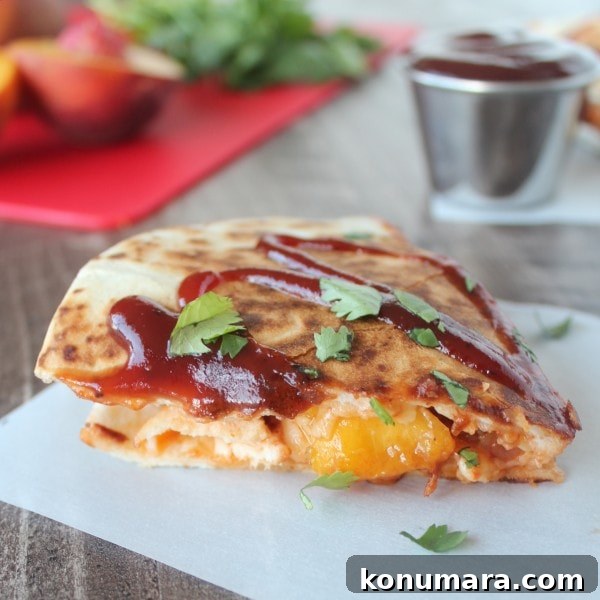 BBQ Chicken Quesadilla with Peach, Bacon and Cheddar 4 BBQ Chicken Bacon Peach Cheddar Quesadilla