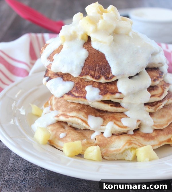 Pineapple Coconut Pancakes with Cream Cheese Syrup