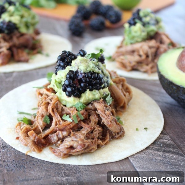 Slow Cooked Roasted Jalapeno Blackberry Pulled Pork Tacos